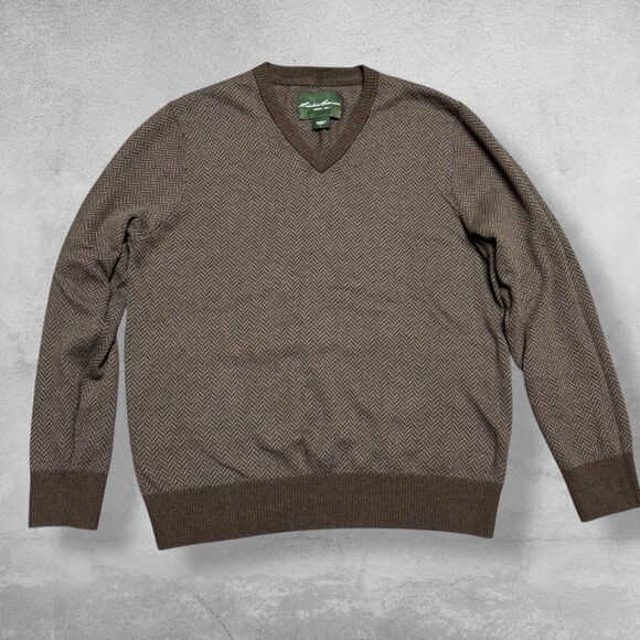 Eddie Bauer Sweater Men’s L Brown Herringbone Cotton Cashmere V Neck Pullover - Picture 1 of 7